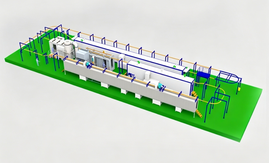 An automatic powder coating line