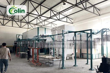 Industrial clothes rack powder coating system with automated conveyor line