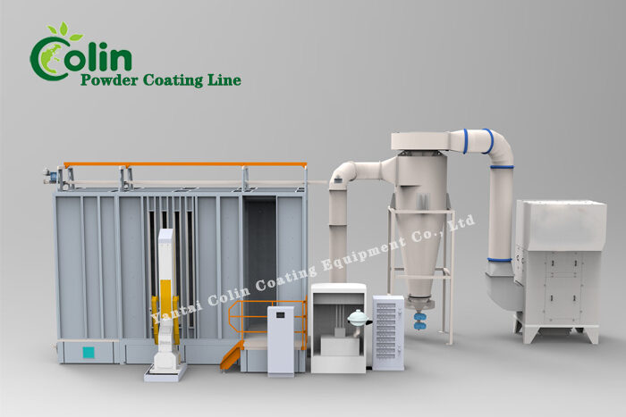 Powder coating booth with cyclone recovery and filtration equipment