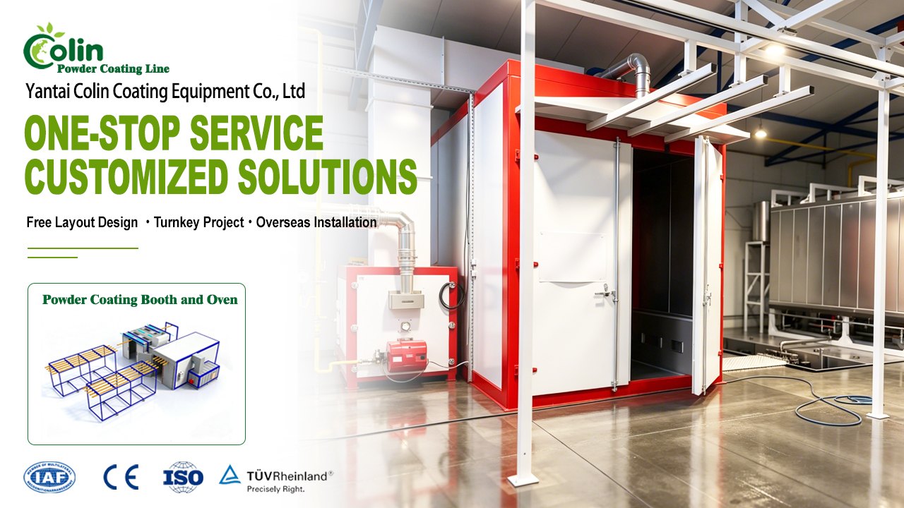 Integrated powder coating process flow with spraying and conveyor equipment