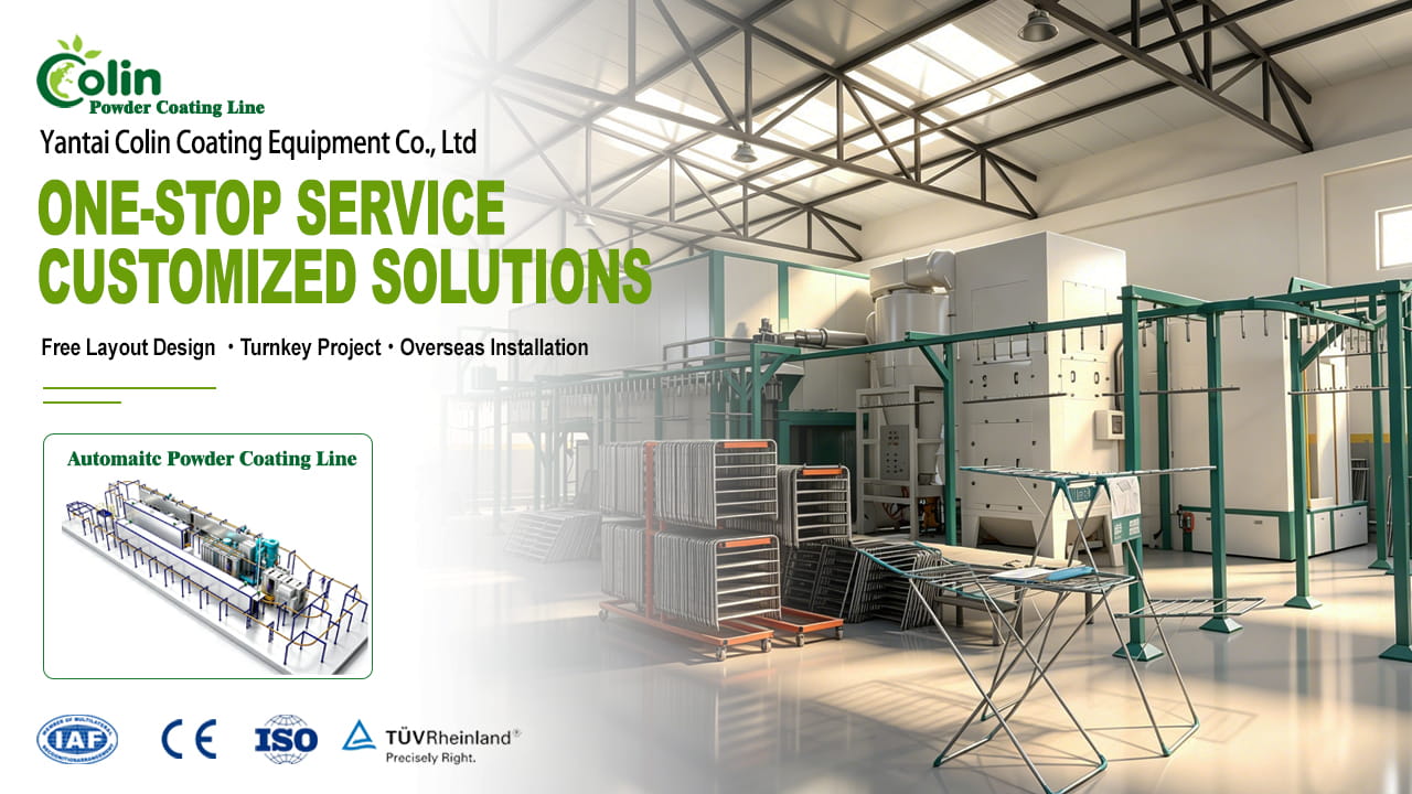 Metal furniture components hanging inside a powder coating spray booth